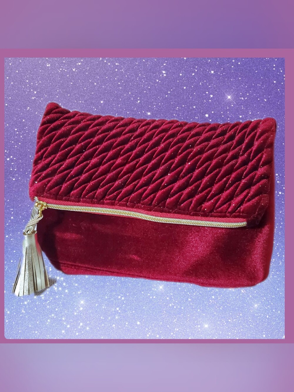 Velvet Quilted Fold-Over Clutch Bag - Wine Red